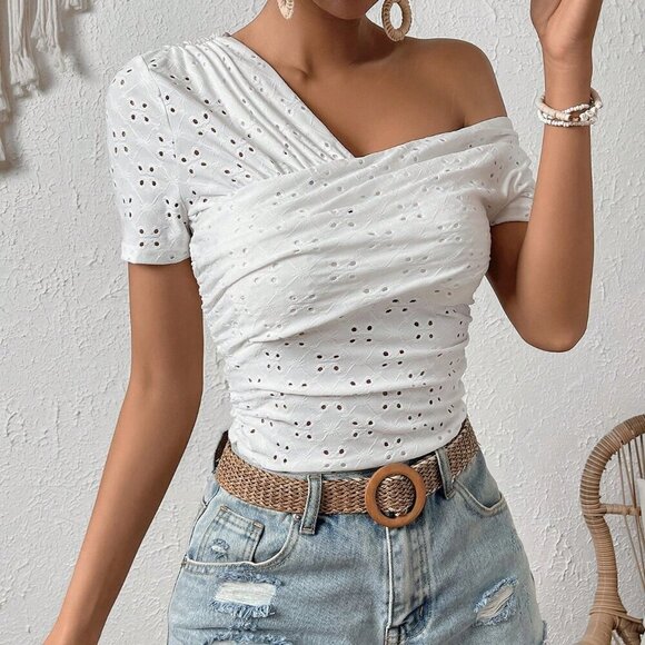 White Casual Women's Asymmetrical Neck Eyelet Embroidery Tee - Picture 4 of 6